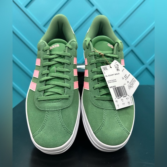 adidas Shoes - Adidas Women’s VL Court Bold Green with Pink Stripes Platform Sneakers - Size 10